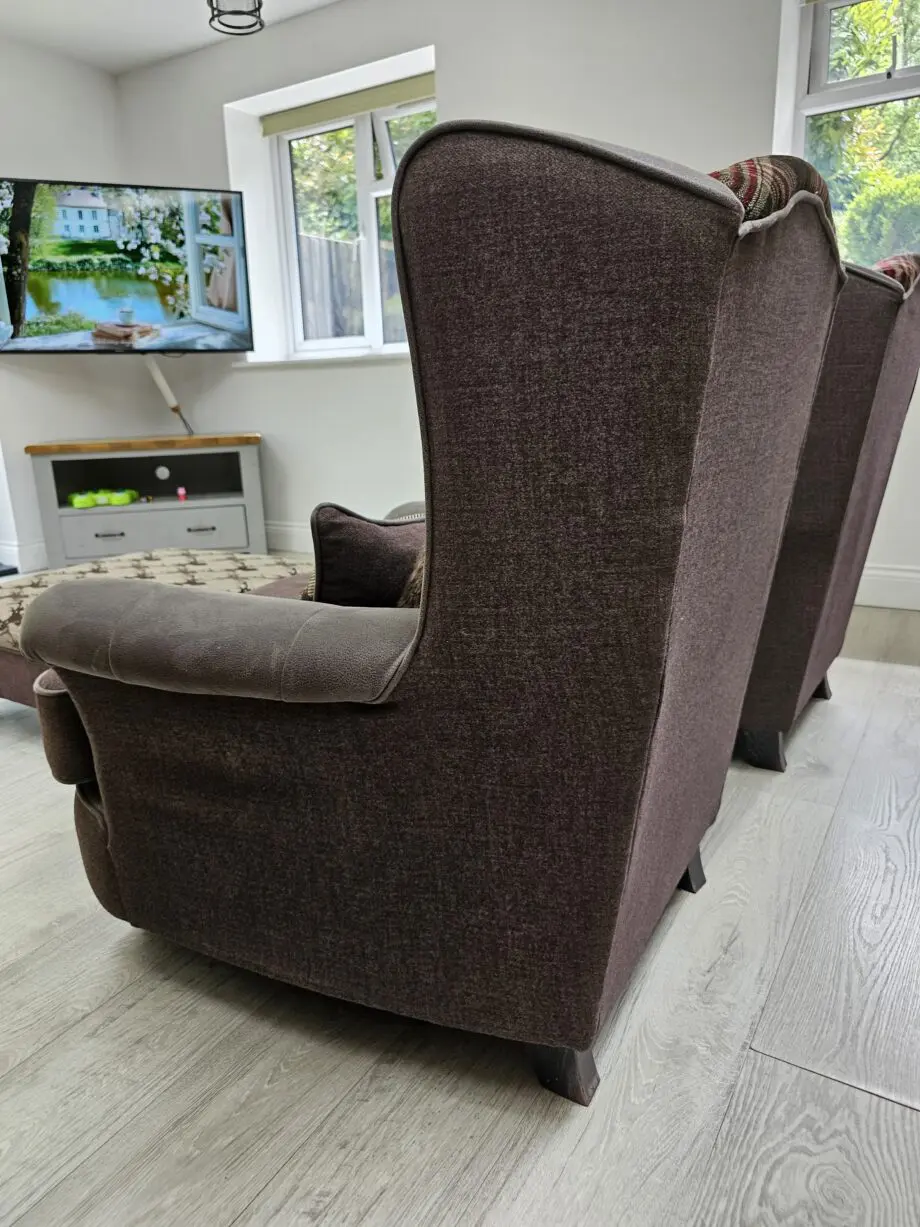 Oak Furnitureland brown checked sofa, armchairs and footstool