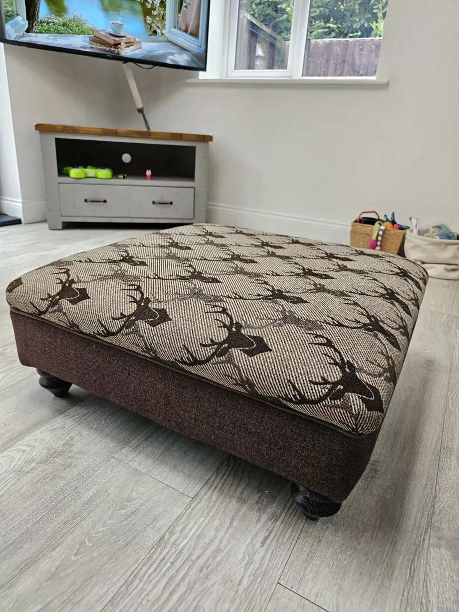 Oak Furnitureland brown checked sofa, armchairs and footstool