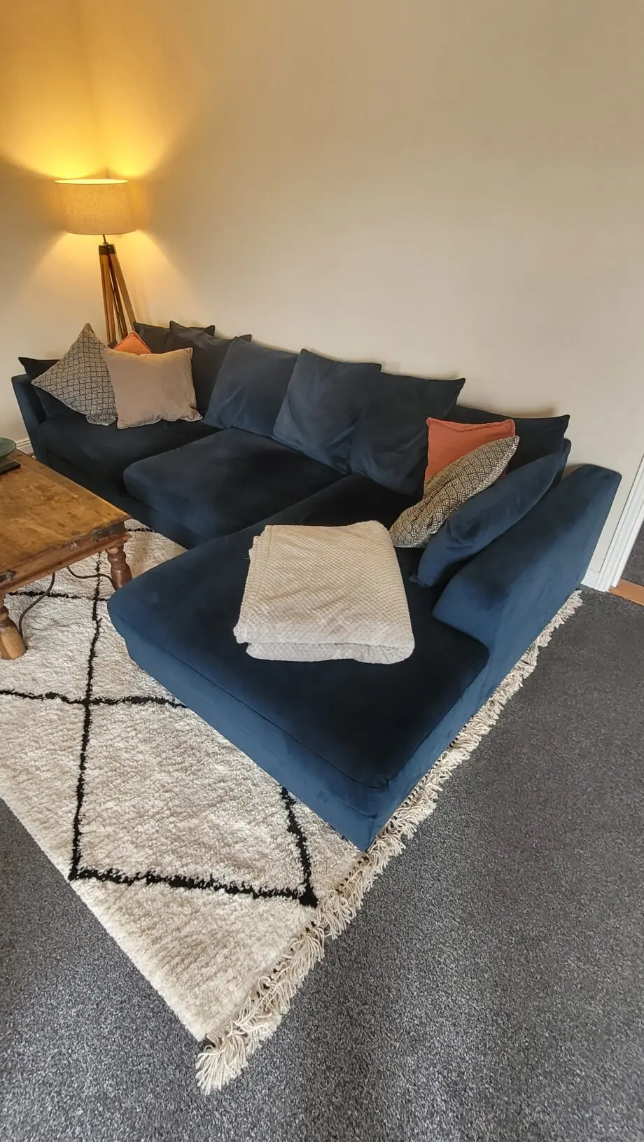 DFS Blue Velvet Corner sofa, Pouffe and Love Seat
