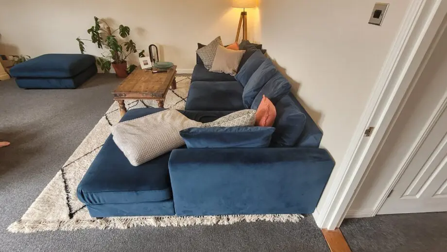 DFS Blue Velvet Corner sofa, Pouffe and Love Seat