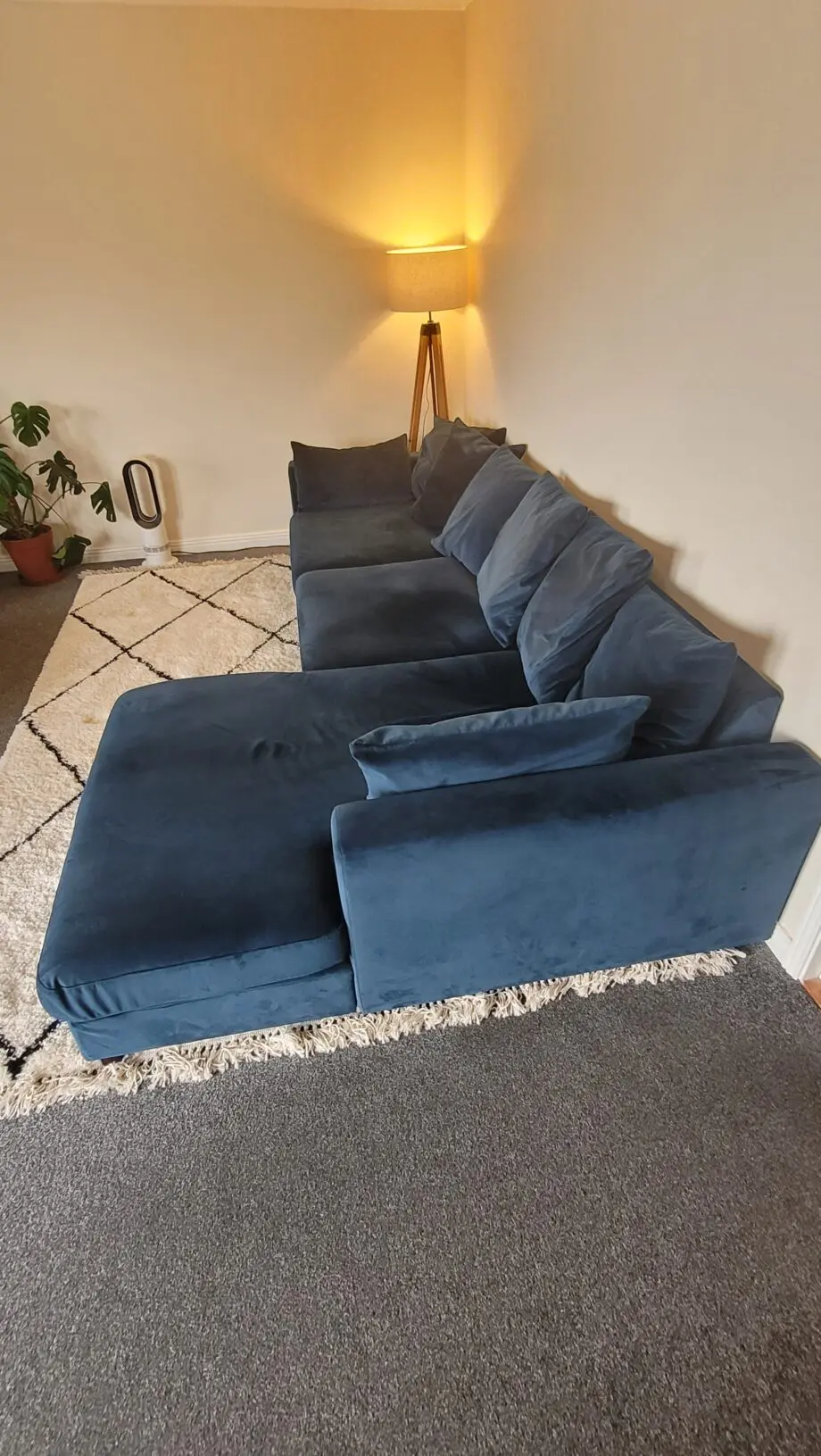 DFS Blue Velvet Corner sofa, Pouffe and Love Seat
