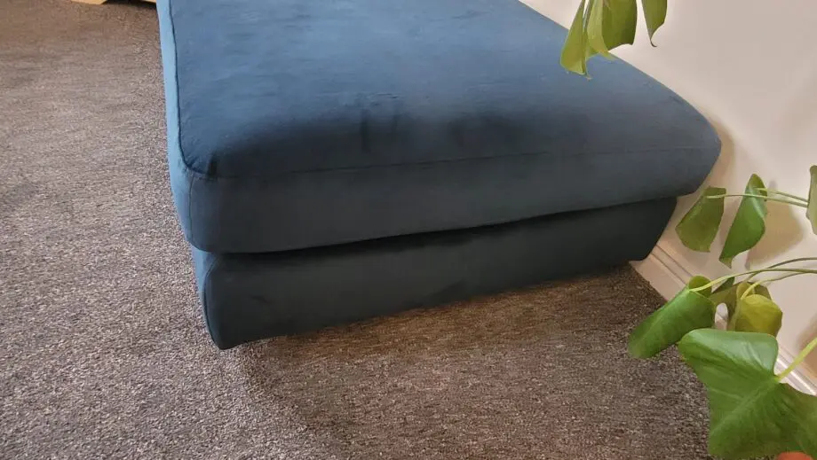 DFS Blue Velvet Corner sofa, Pouffe and Love Seat