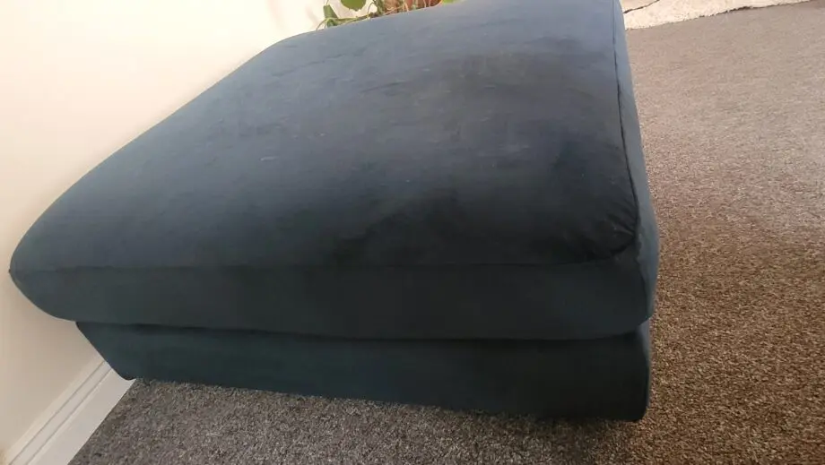 DFS Blue Velvet Corner sofa, Pouffe and Love Seat