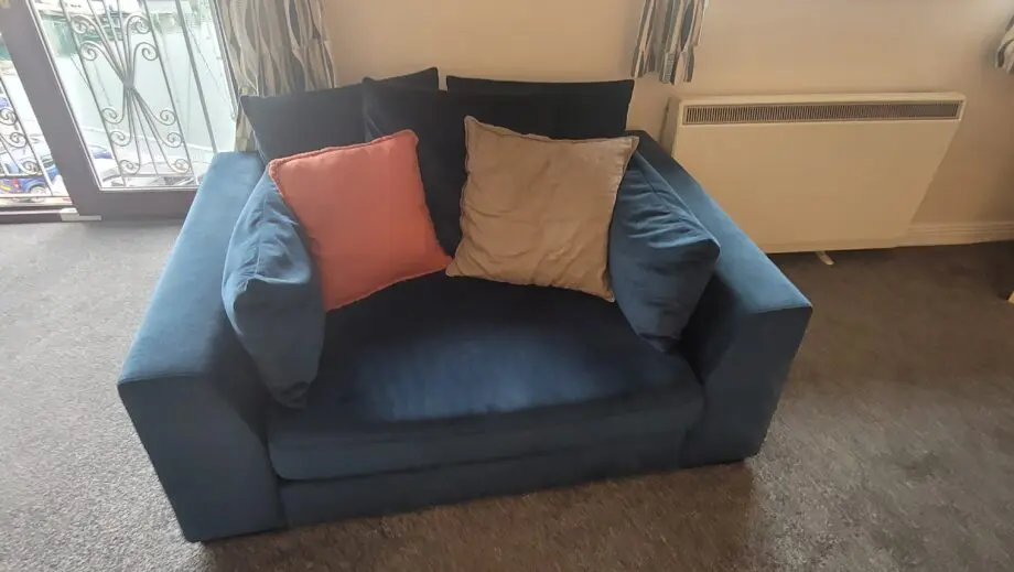DFS Blue Velvet Corner sofa, Pouffe and Love Seat