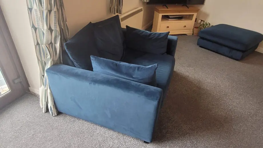 DFS Blue Velvet Corner sofa, Pouffe and Love Seat