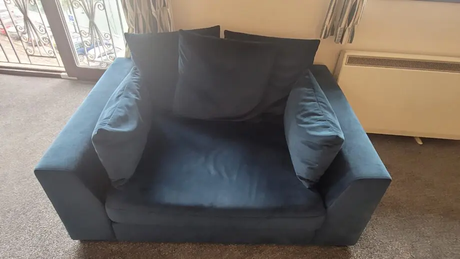 DFS Blue Velvet Corner sofa, Pouffe and Love Seat
