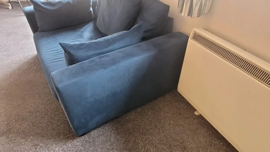 DFS Blue Velvet Corner sofa, Pouffe and Love Seat