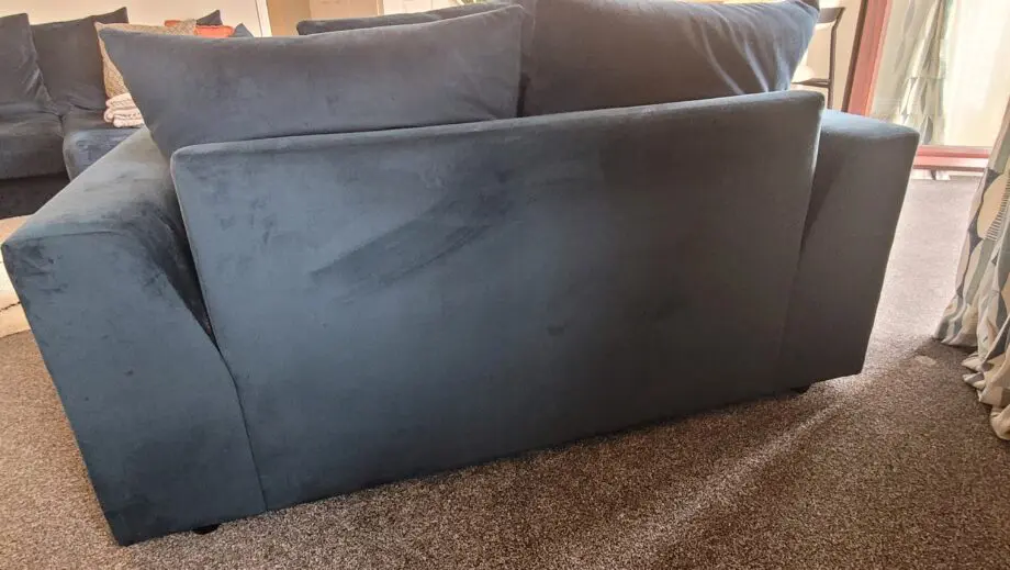 DFS Blue Velvet Corner sofa, Pouffe and Love Seat