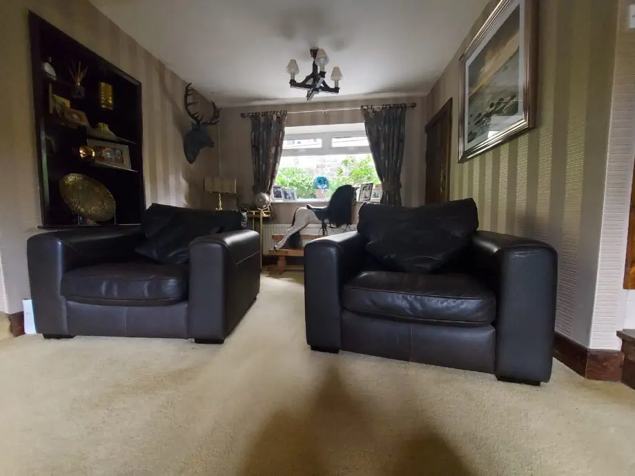 DFS brown leather armchairs.
