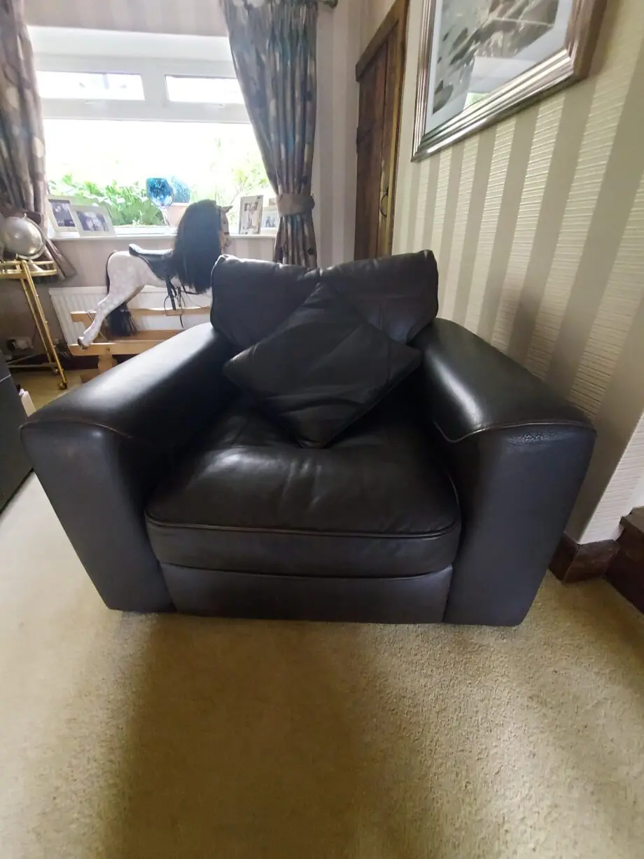 DFS brown leather armchairs.