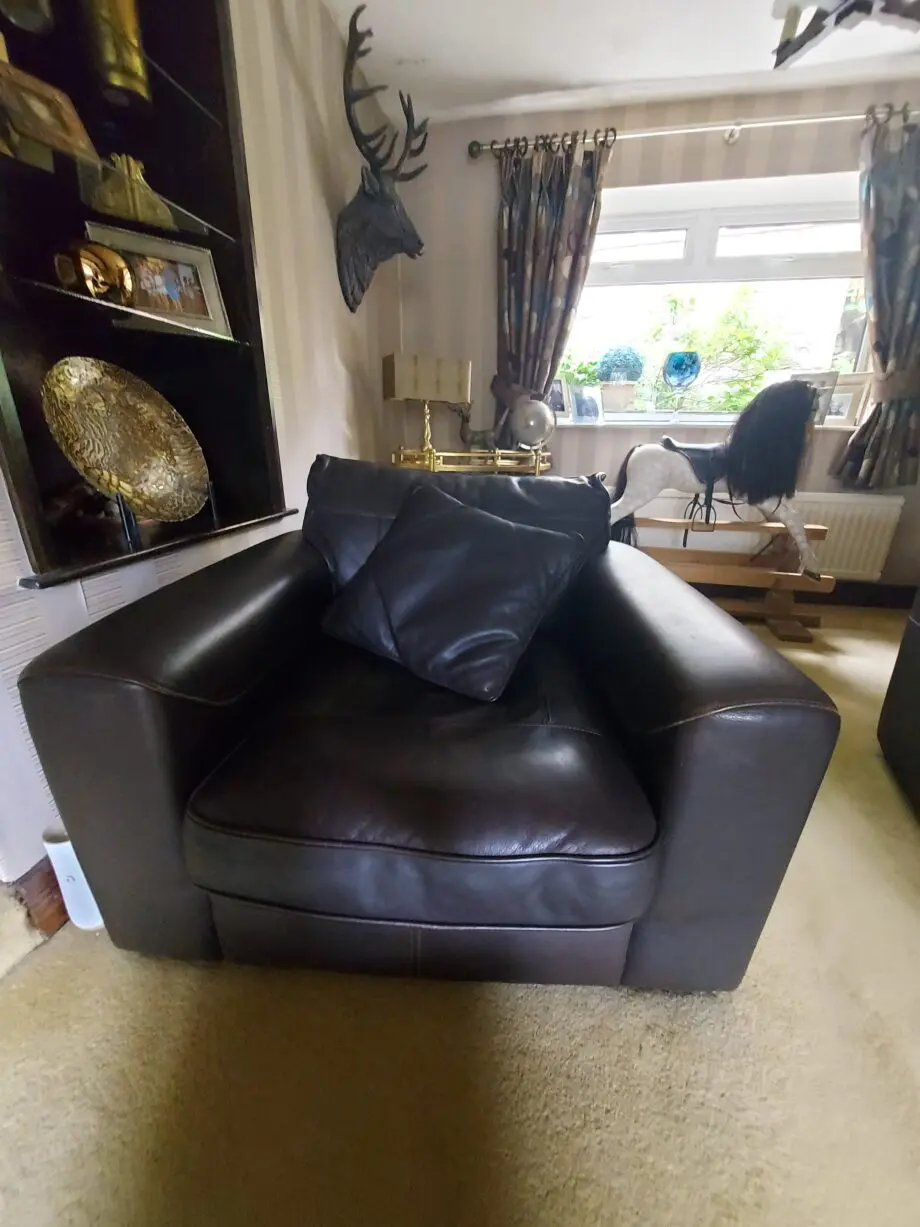 DFS brown leather armchairs.