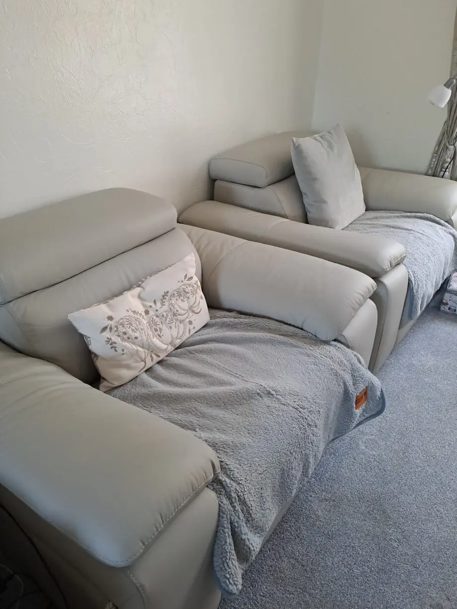 SCS Pearl Grey leather 3 piece suite