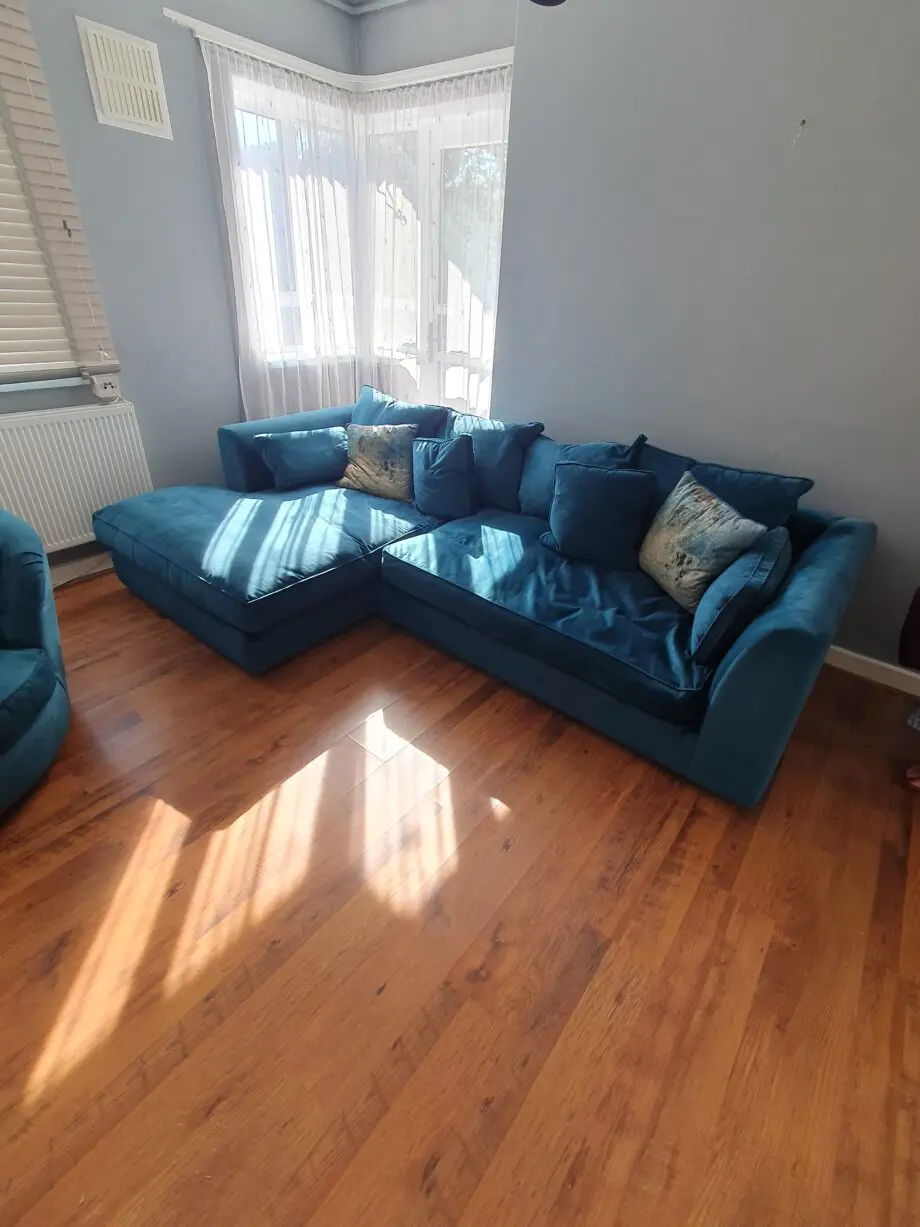 Fishpool teal corner sofa & chair