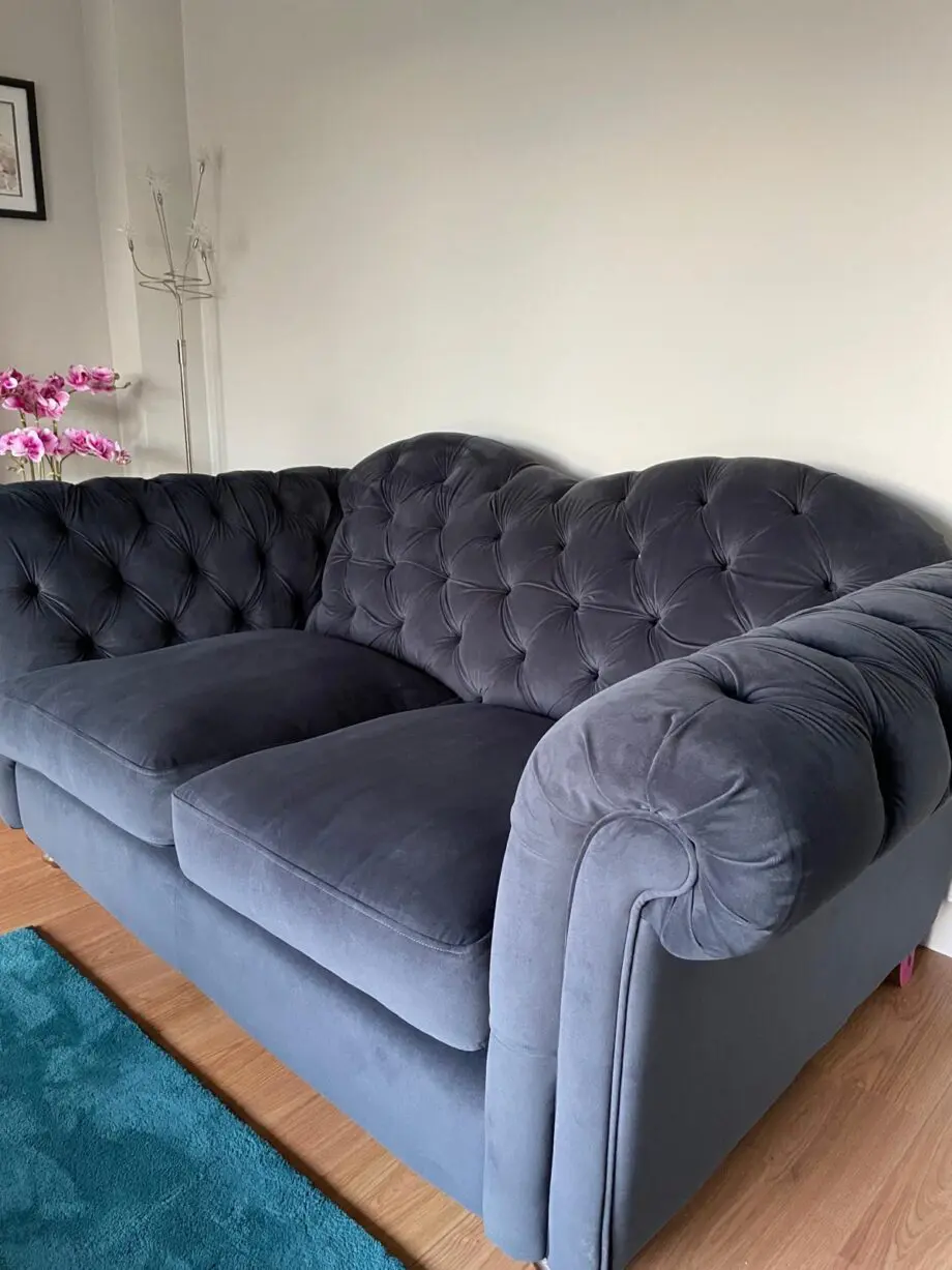 DFS Joules 3 seater velvet sofa, 2 seater velvet sofa and velvet footstool.