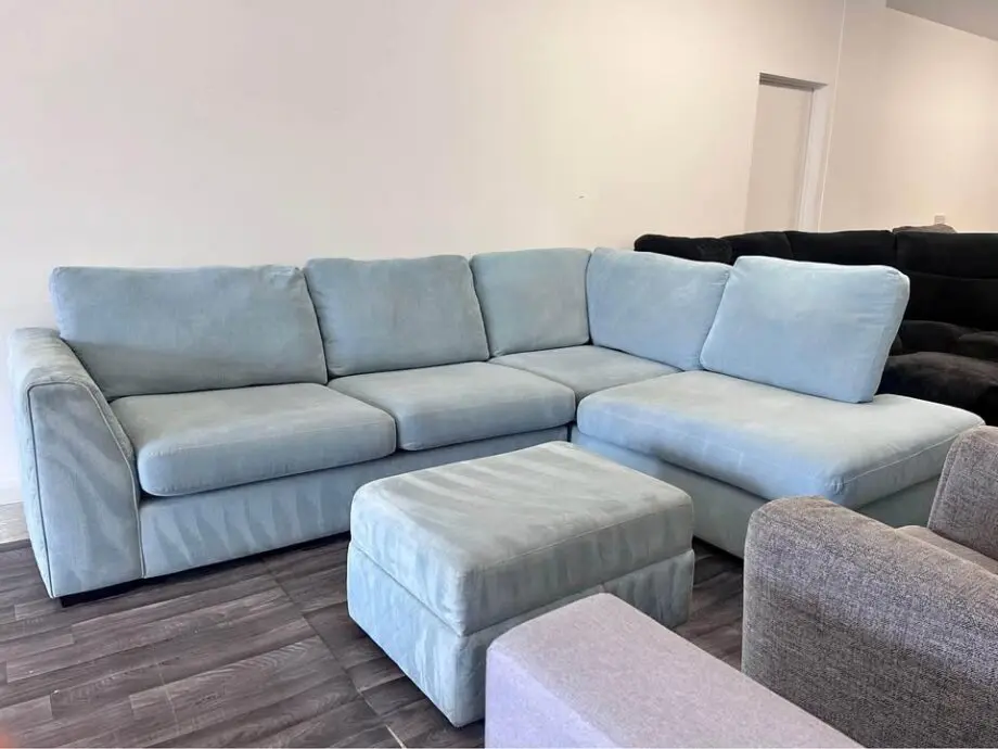 Orka Corner Sofa With Pouffe Save £150 || Light Blue Plain Fabric