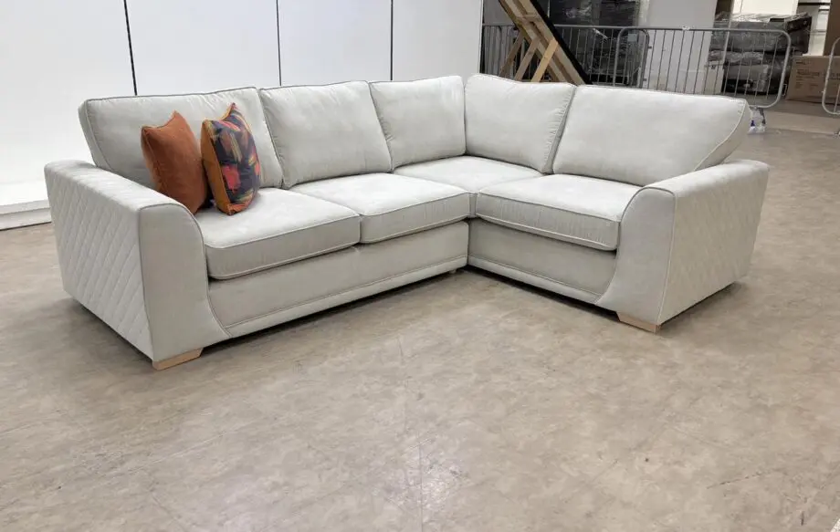 L-Shaped Dual Arm Corner Sofa + Pouffe For Sale
