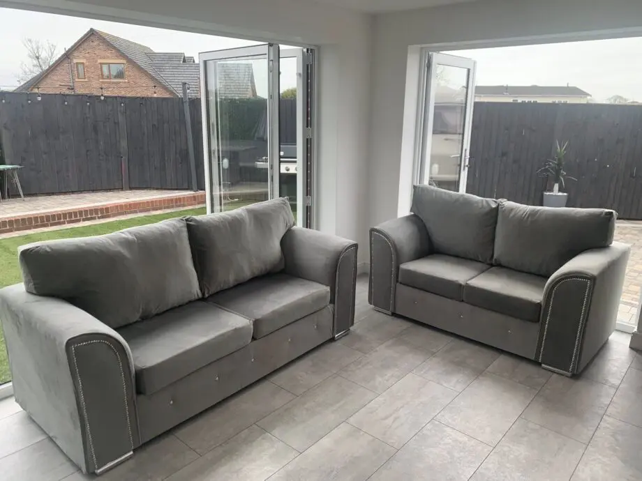 Dillon 3+2 Sofa Set + Pouffe || Grey Velvet Free Home Delivery Order Now