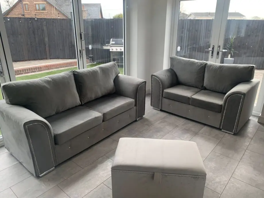 Dillon 3+2 Sofa Set + Pouffe || Grey Velvet Free Home Delivery Order Now