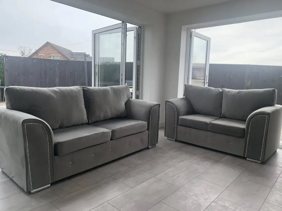 Dillon 3+2 Sofa Set + Pouffe || Grey Velvet Free Home Delivery Order Now