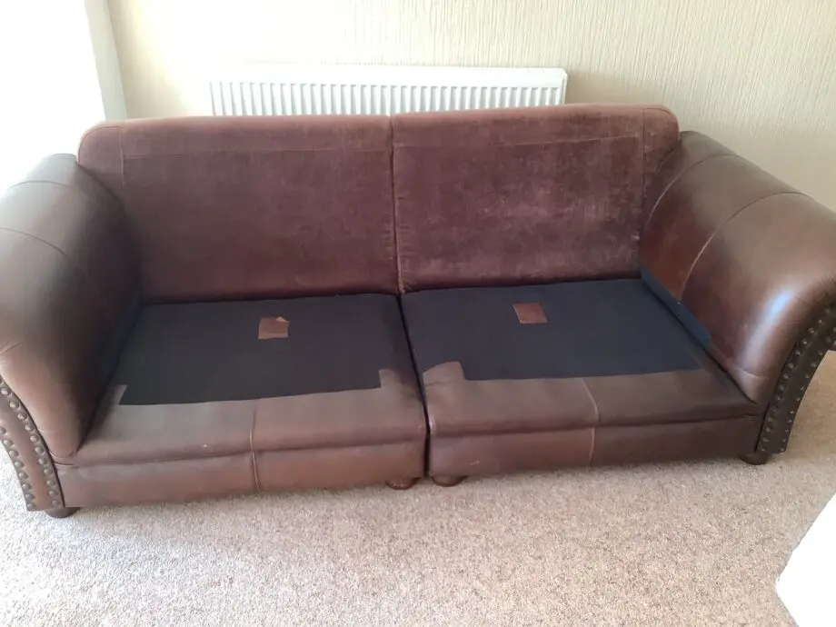 Brown Leather & Fabric Sofa with Soft Cream Cushions