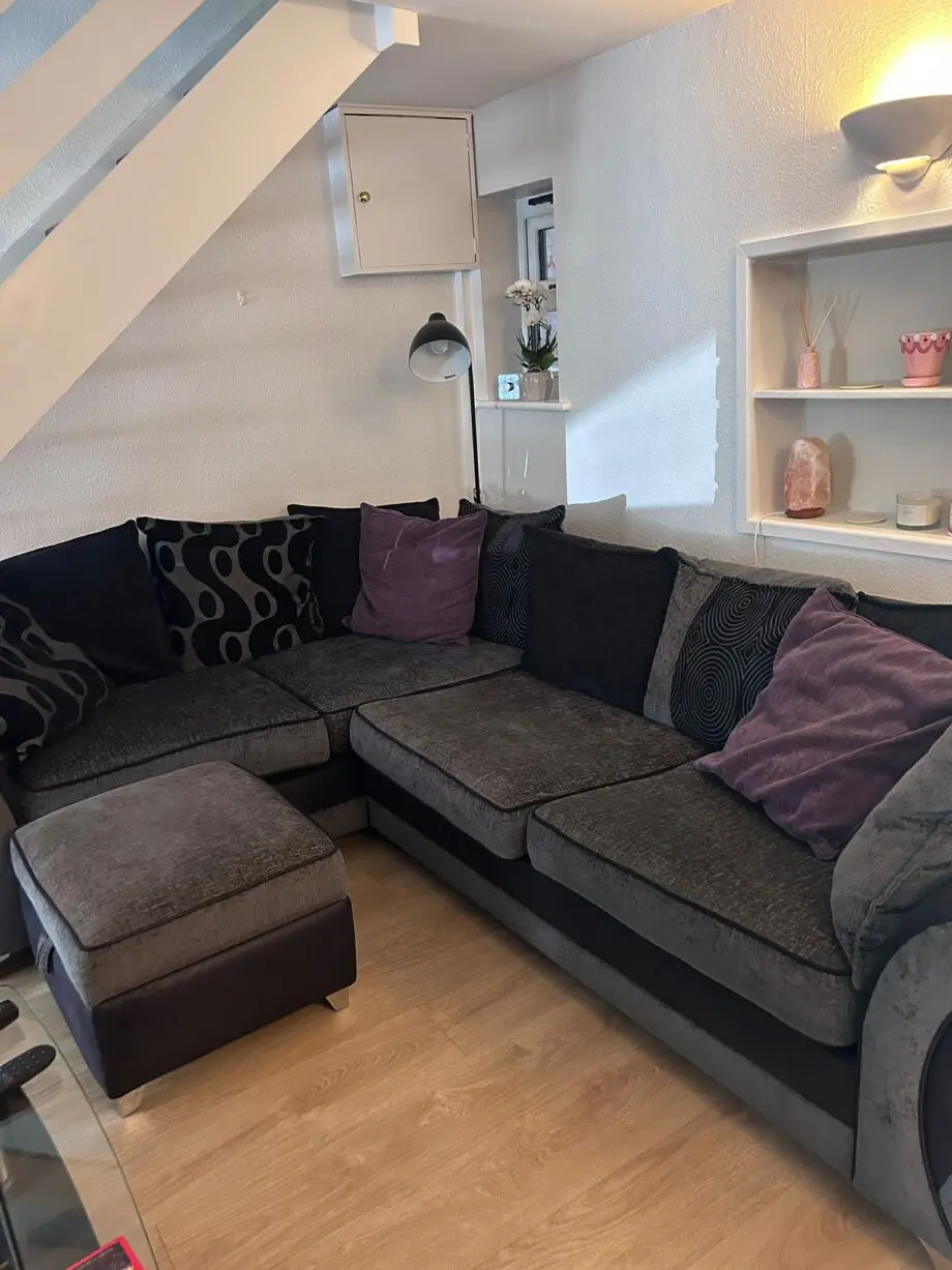 DFS Fabric Corner Sofa with Sofa Bed & Storage Footstool – Dark Grey – Good Condition