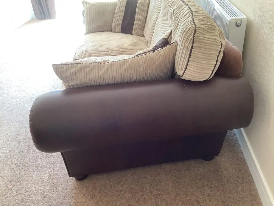 Brown Leather & Fabric Sofa with Soft Cream Cushions
