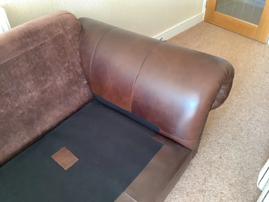 Brown Leather & Fabric Sofa with Soft Cream Cushions