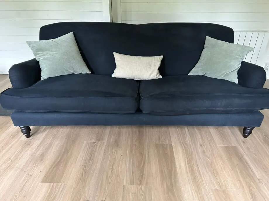 Sofa.com Snowdrop three seater sofa in midnight blue brushed linen cotton with mahogany wooden legs