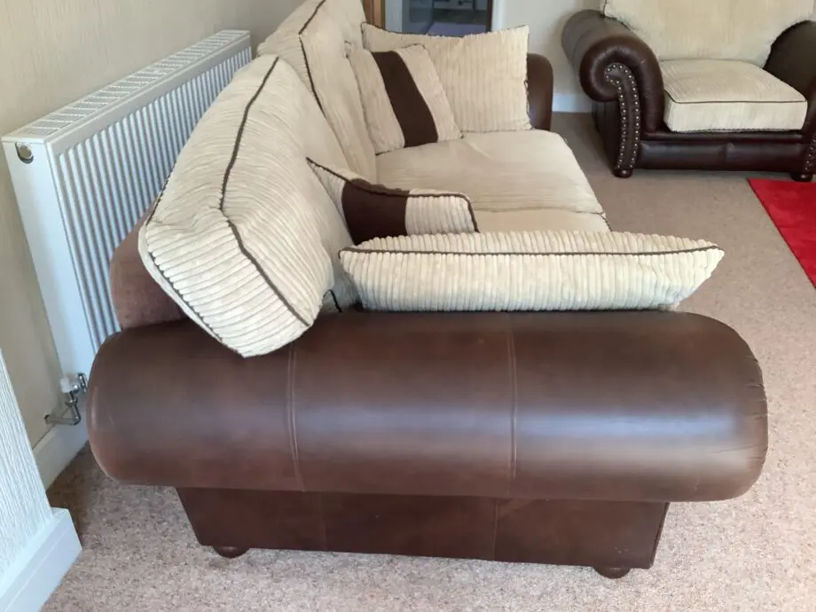Brown Leather & Fabric Sofa with Soft Cream Cushions