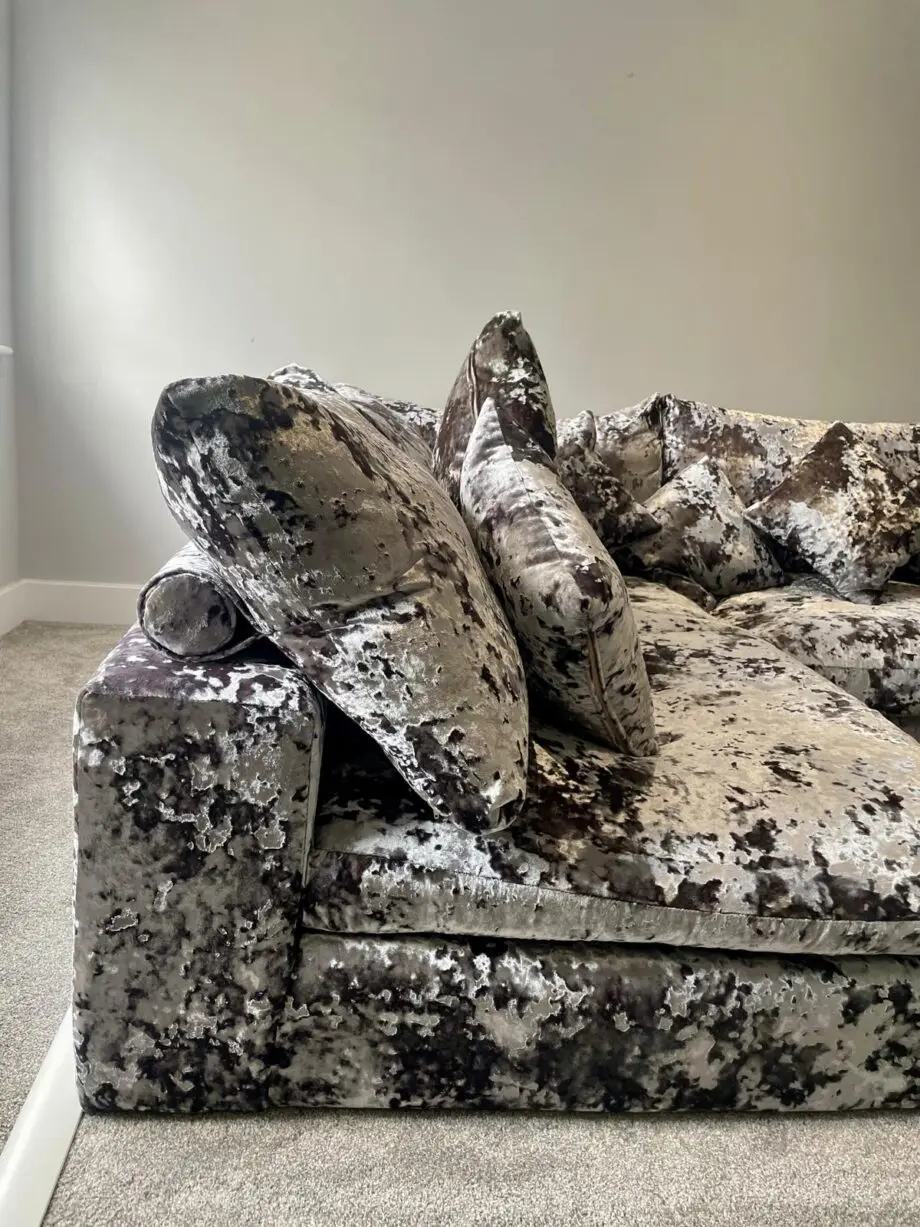 Stunning barely used crushed velvet modern L shape sofa from DANSK