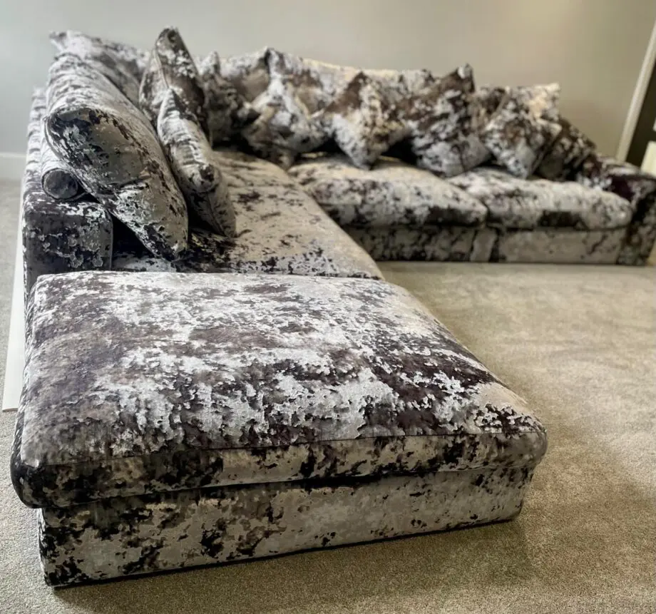 Stunning barely used crushed velvet modern L shape sofa from DANSK