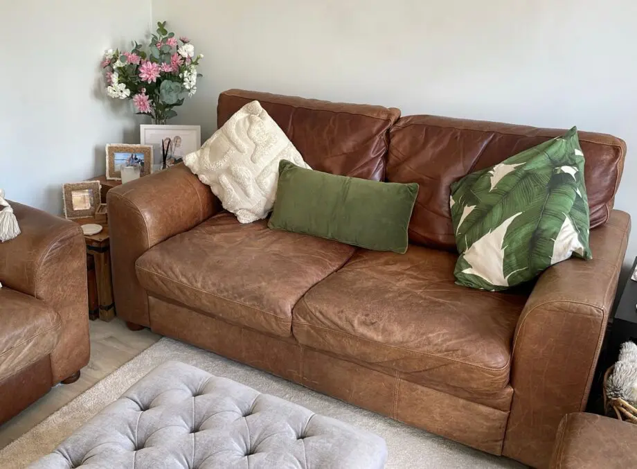 Vintage leather sofa x2 (TImothy Oulton Halo) and footstool