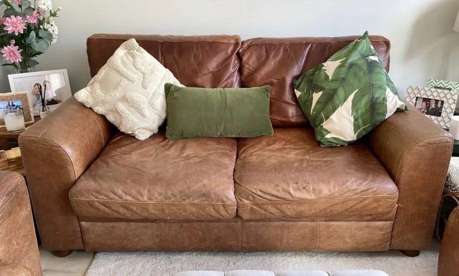 Vintage leather sofa x2 (TImothy Oulton Halo) and footstool