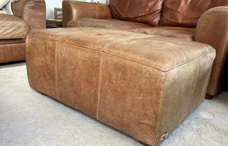 Vintage leather sofa x2 (TImothy Oulton Halo) and footstool