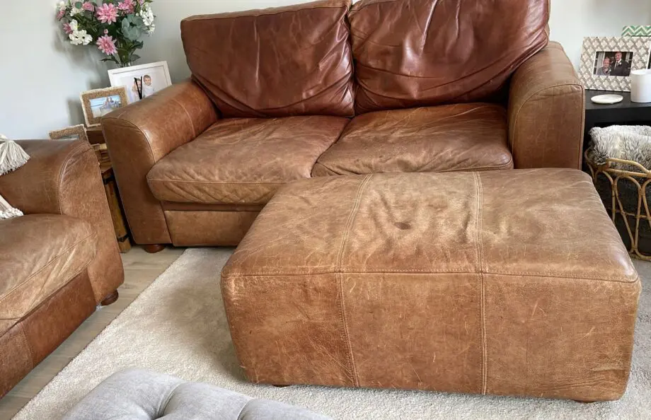 Vintage leather sofa x2 (TImothy Oulton Halo) and footstool