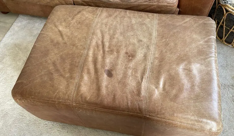 Vintage leather sofa x2 (TImothy Oulton Halo) and footstool