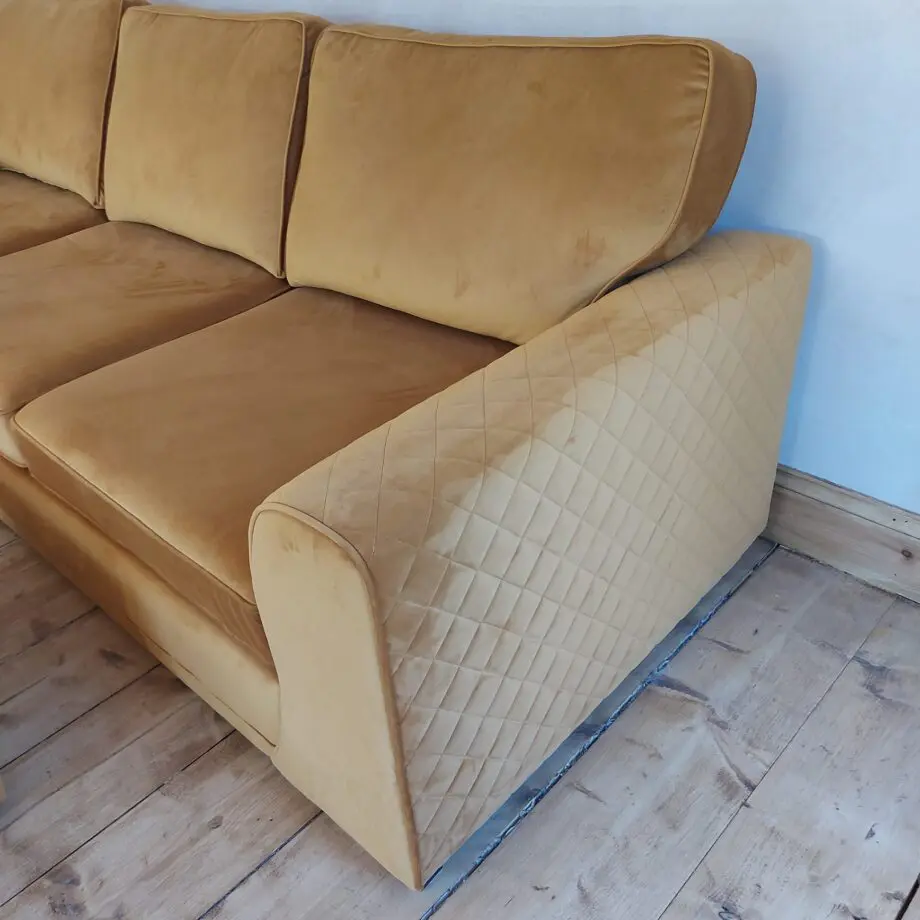 DFS Corner Sofa in velvet cinnamon & storage footstool