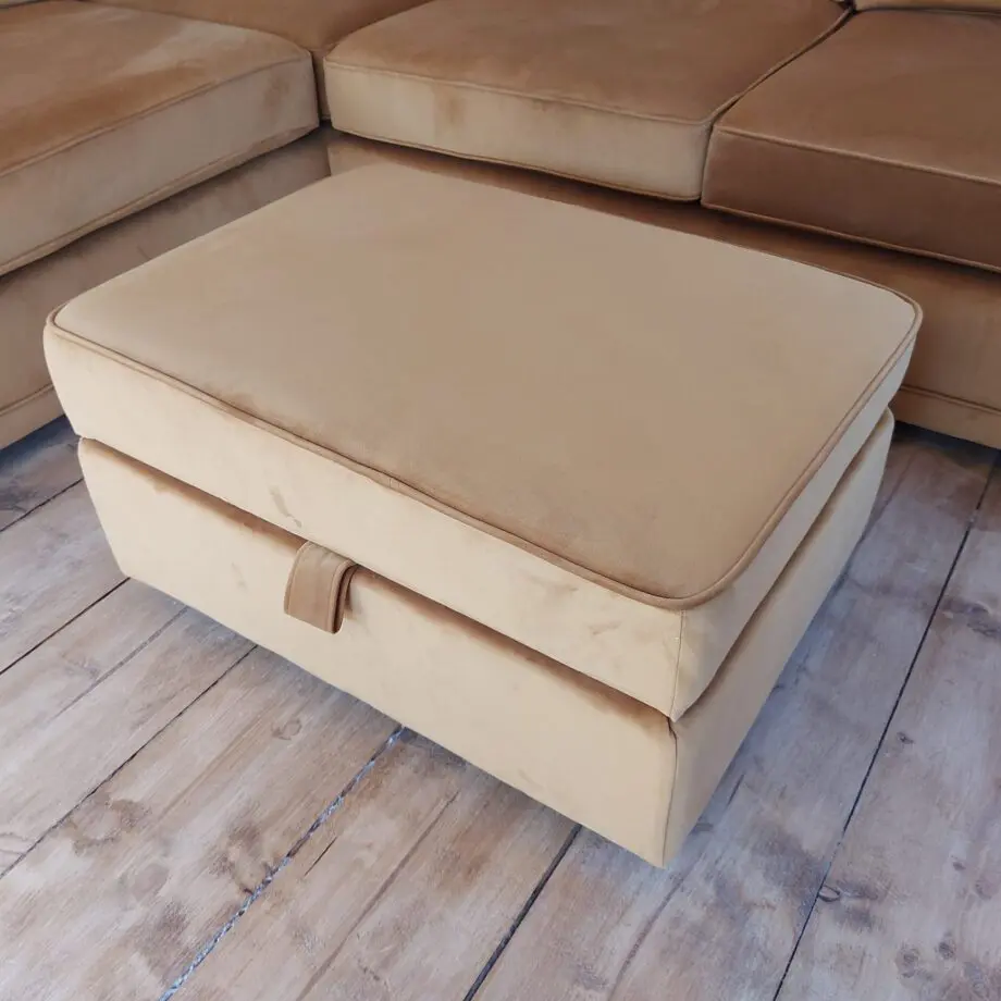 DFS Corner Sofa in velvet cinnamon & storage footstool