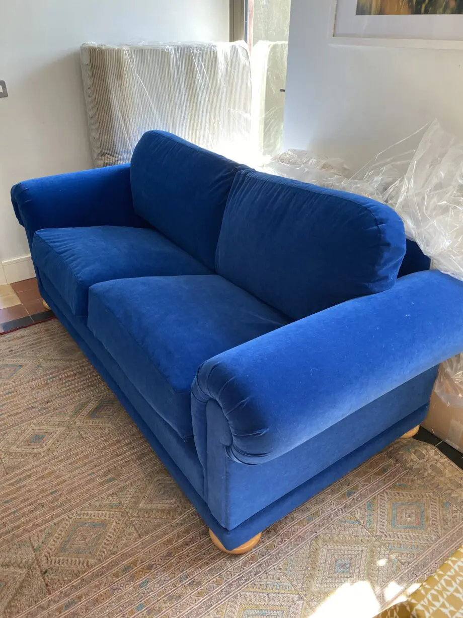 Newly Covered Blue Velvet sofa
