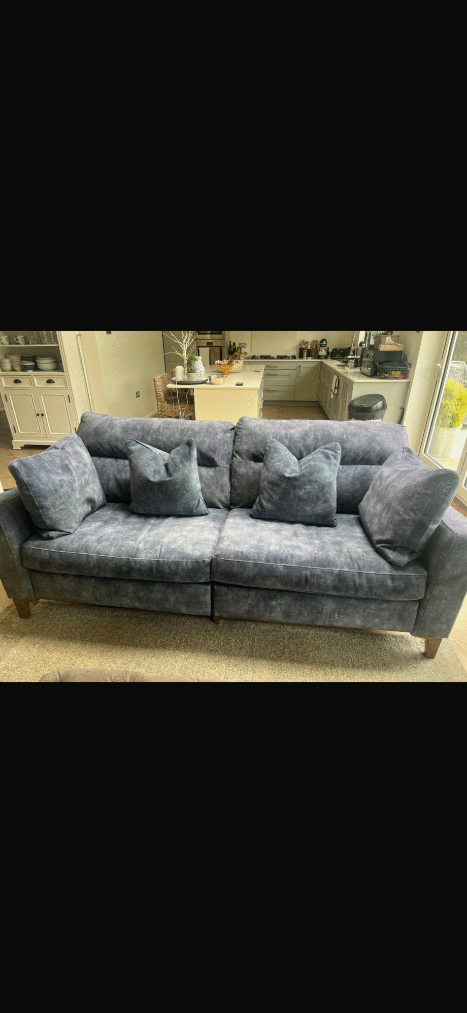 Furniture Village 3 seater Smokey Blue Velvet Sofa with power recliner f de de