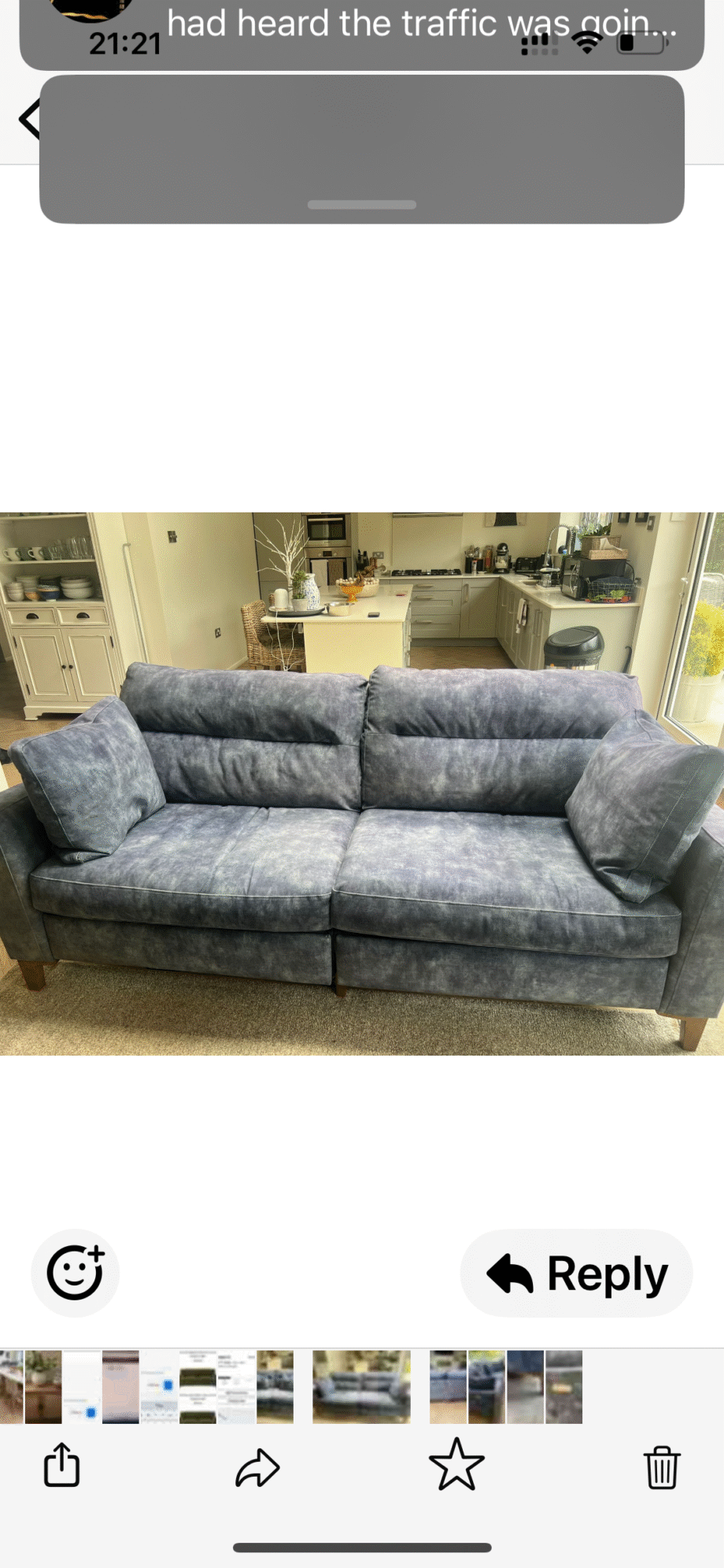 Furniture Village 3 seater Smokey Blue Velvet Sofa with power recliner f de de
