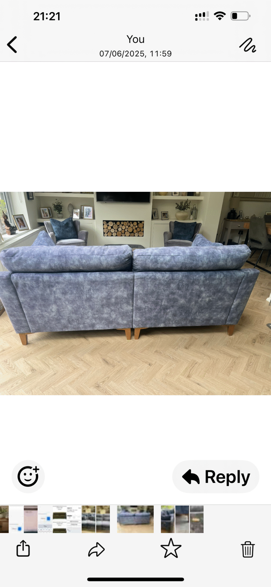 Furniture Village 3 seater Smokey Blue Velvet Sofa with power recliner f de de