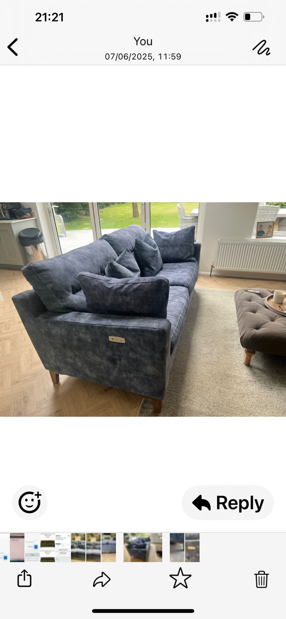 Furniture Village 3 seater Smokey Blue Velvet Sofa with power recliner f de de