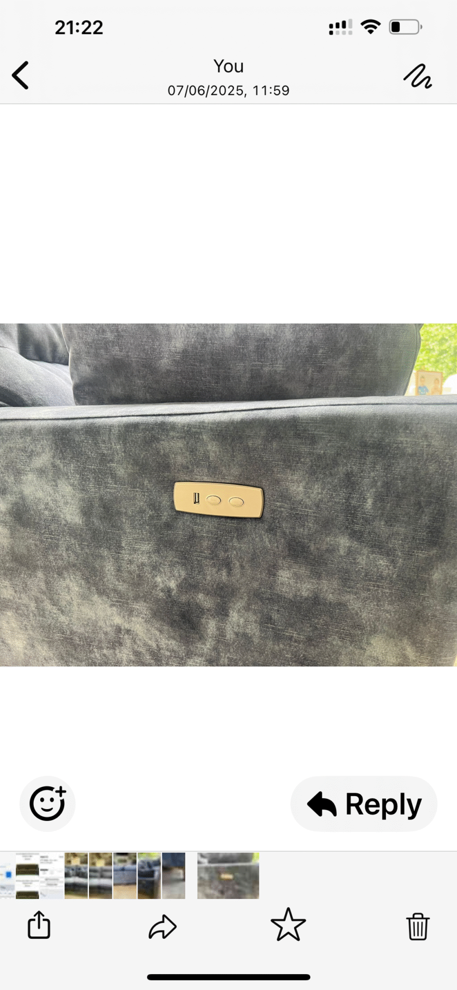 Furniture Village 3 seater Smokey Blue Velvet Sofa with power recliner f de de