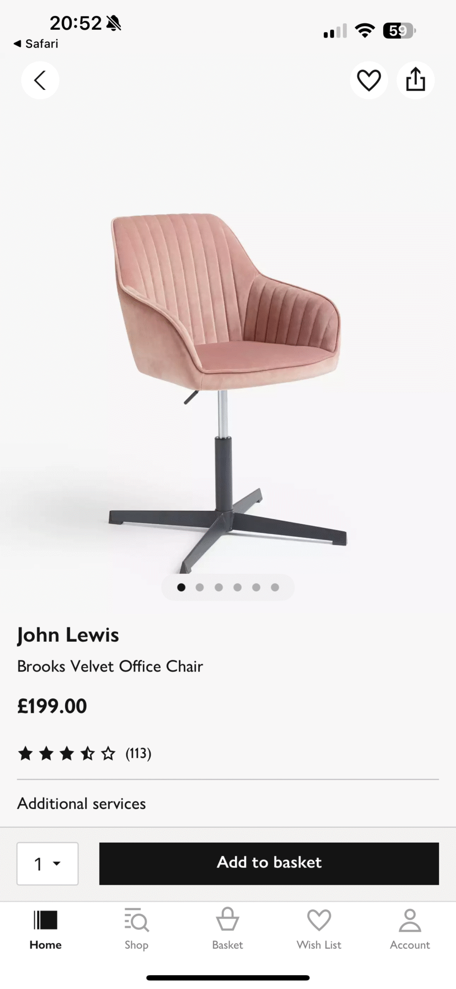 John Lewis Velvet Chair, colour Dusty Rose