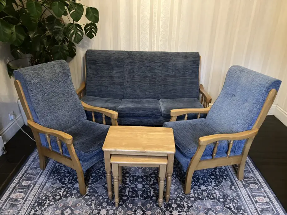 Retro light blue three piece suite (sofa and two armchairs)