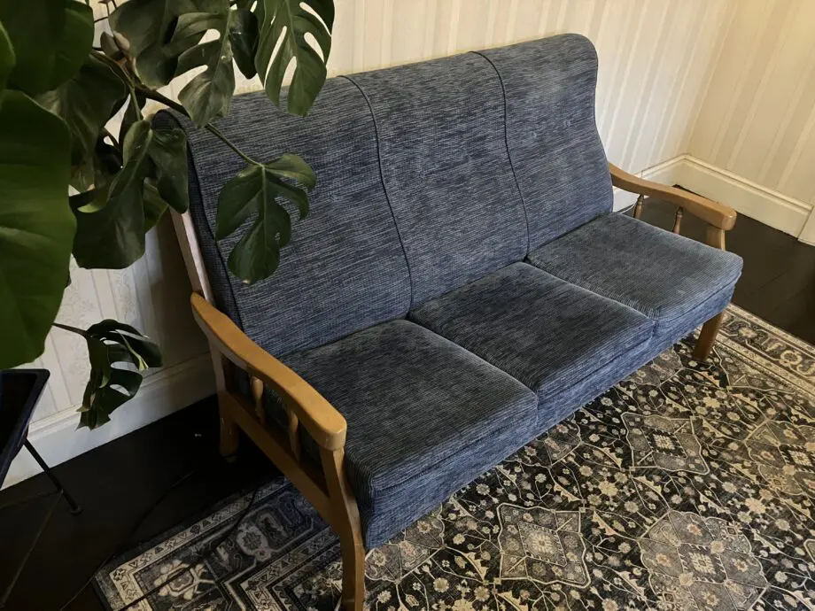 Retro light blue three piece suite (sofa and two armchairs)