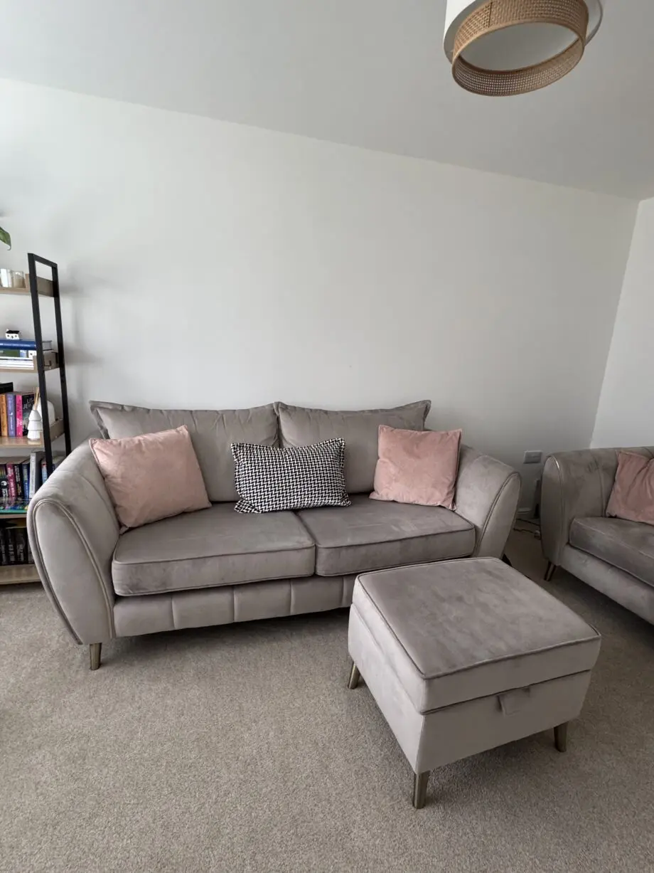 Nearly New Sofology Gabrielle Grey Sofa, Love Seat and Footstool