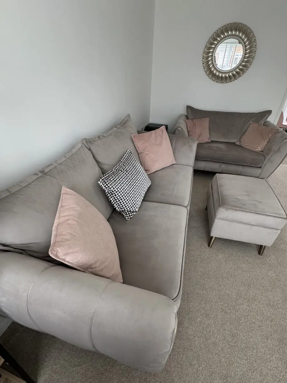 Nearly New Sofology Gabrielle Grey Sofa, Love Seat and Footstool