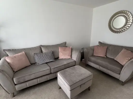 Nearly New Sofology Gabrielle Grey Sofa, Love Seat and Footstool
